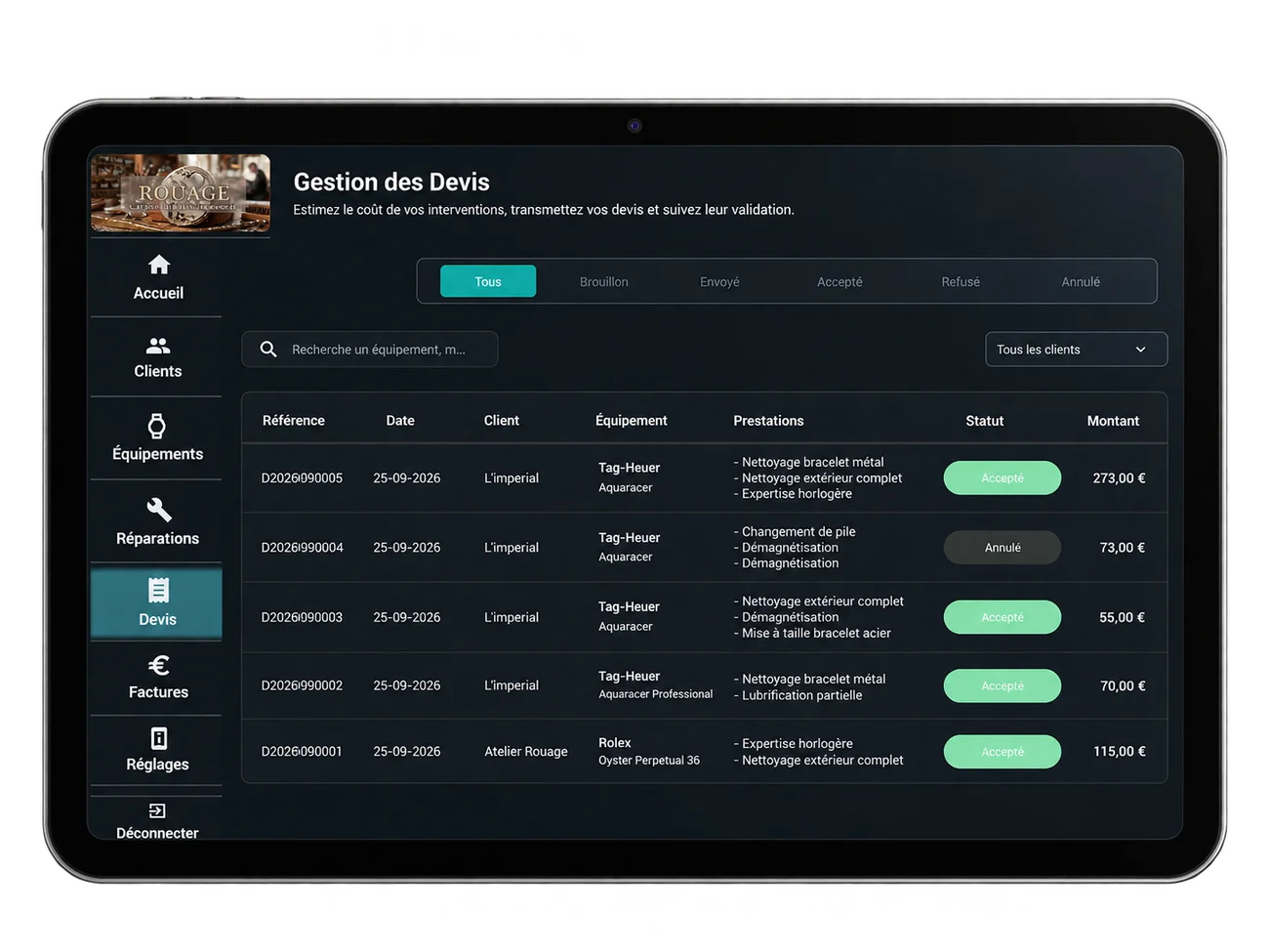Application Rouage : interface de gestion des devis